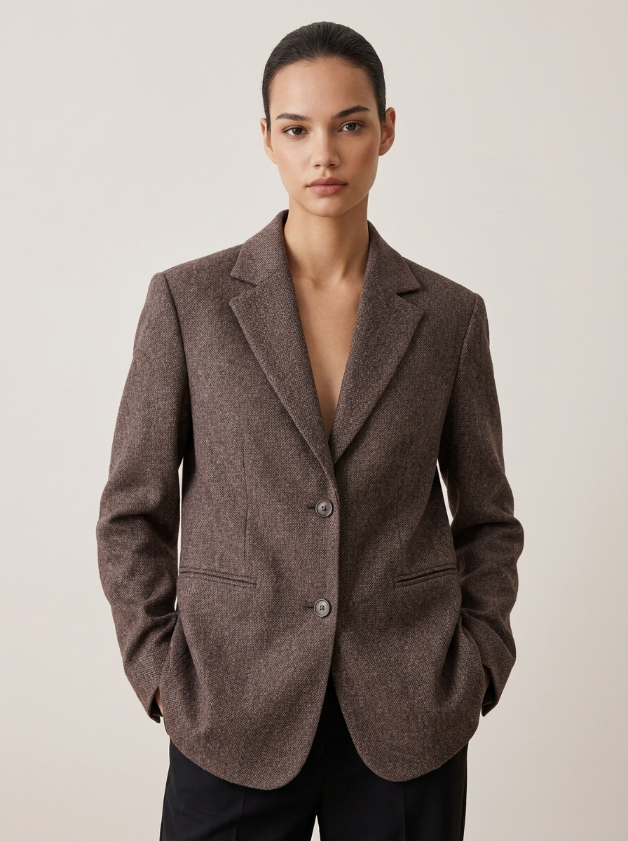 Blazer Femme Oversize en Sergé à Revers Crantés et Fermeture Boutonnée