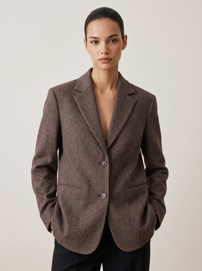 Blazer Femme Oversize en Sergé à Revers Crantés et Fermeture Boutonnée