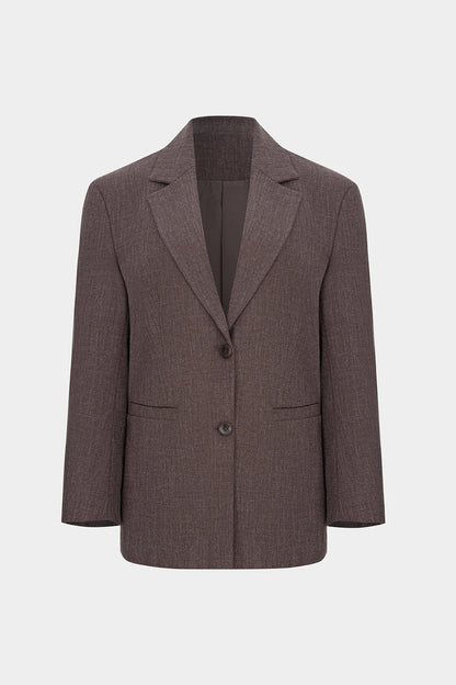 Blazer Femme Oversize en Sergé à Revers Crantés et Fermeture Boutonnée