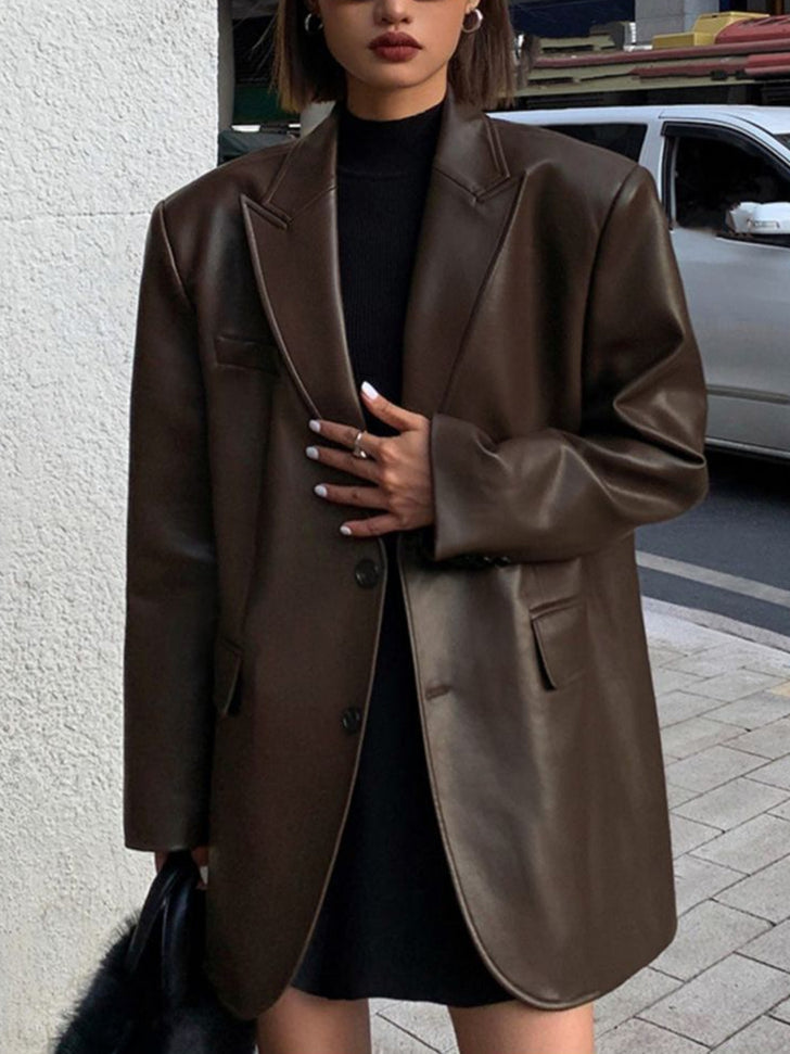 Blazer Femme Long en Similicuir à Boutons et Poches