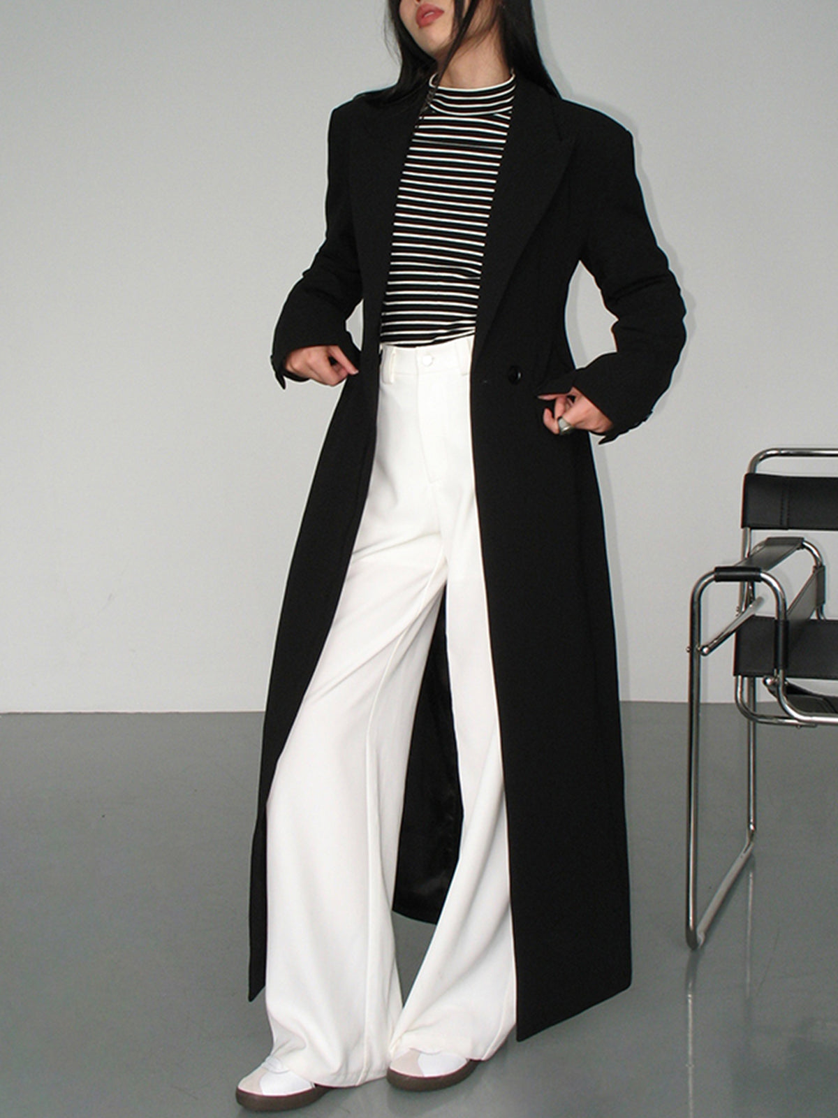 Blazer Long à Col et Poches Femme