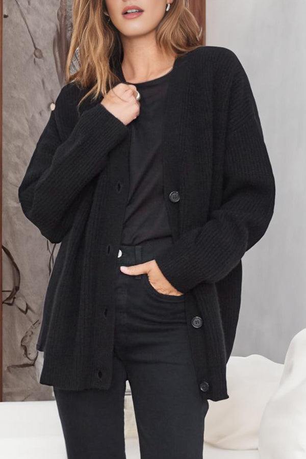 Cardigan Femme Ample en Maille à Col V, Manches Longues Rayées et Bouton Effet Ambre