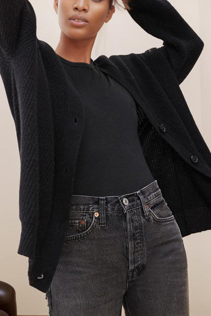 Cardigan Femme Ample en Maille à Col V, Manches Longues Rayées et Bouton Effet Ambre