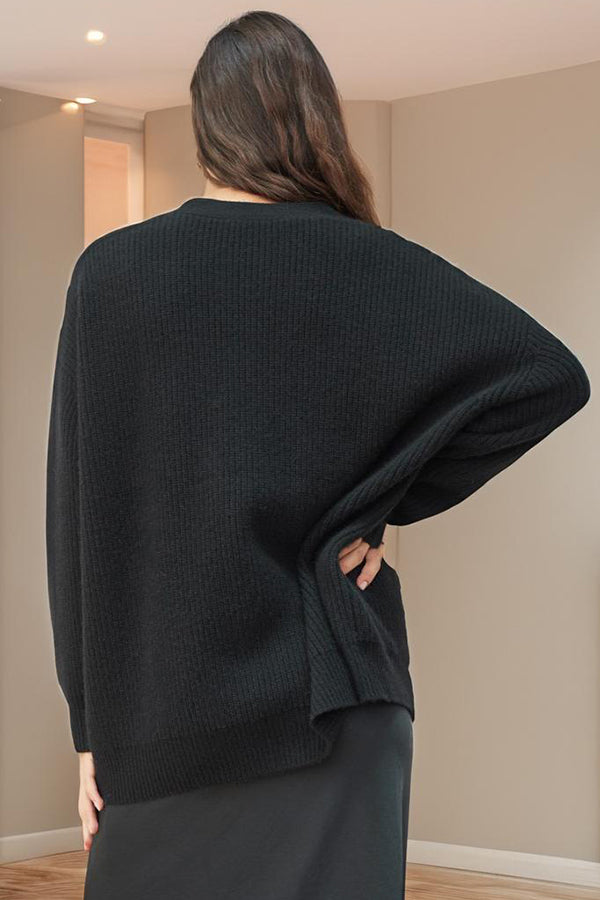 Cardigan Femme Ample en Maille à Col V, Manches Longues Rayées et Bouton Effet Ambre