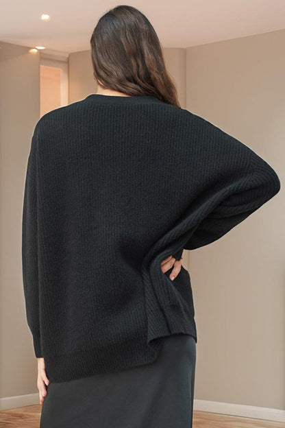 Cardigan Femme Ample en Maille à Col V, Manches Longues Rayées et Bouton Effet Ambre