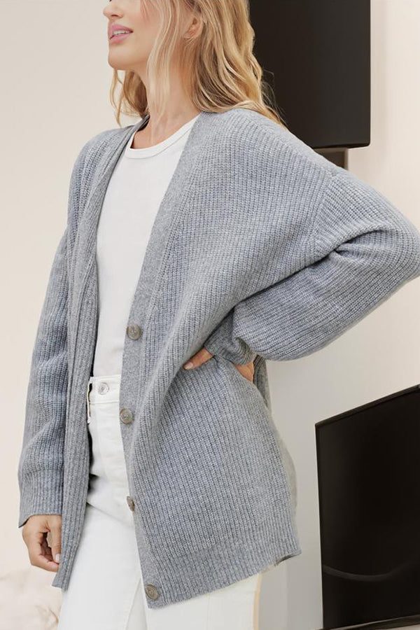 Cardigan Femme Ample en Maille à Col V, Manches Longues Rayées et Bouton Effet Ambre