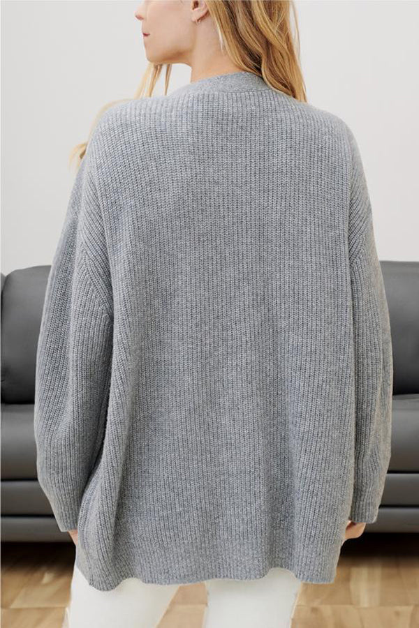 Cardigan Femme Ample en Maille à Col V, Manches Longues Rayées et Bouton Effet Ambre