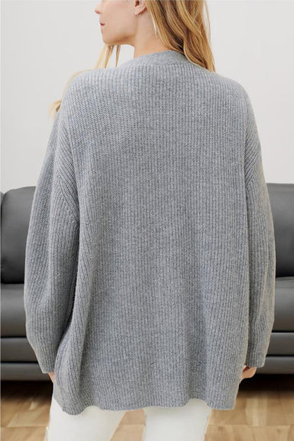 Cardigan Femme Ample en Maille à Col V, Manches Longues Rayées et Bouton Effet Ambre