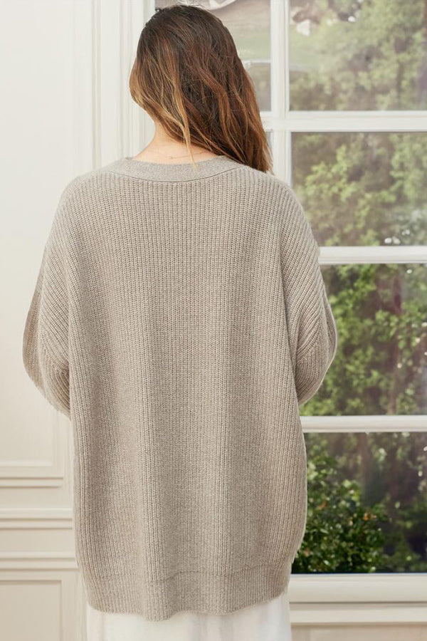 Cardigan Femme Ample en Maille à Col V, Manches Longues Rayées et Bouton Effet Ambre