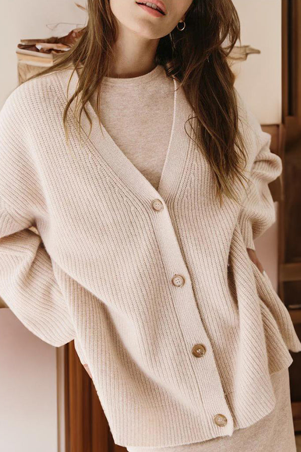 Cardigan Femme Ample en Maille à Col V, Manches Longues Rayées et Bouton Effet Ambre
