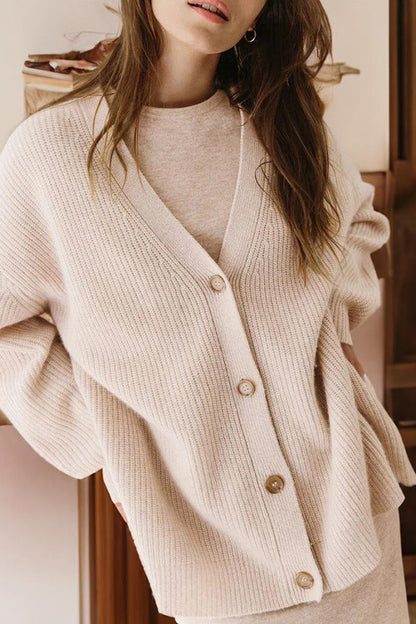 Cardigan Femme Ample en Maille à Col V, Manches Longues Rayées et Bouton Effet Ambre