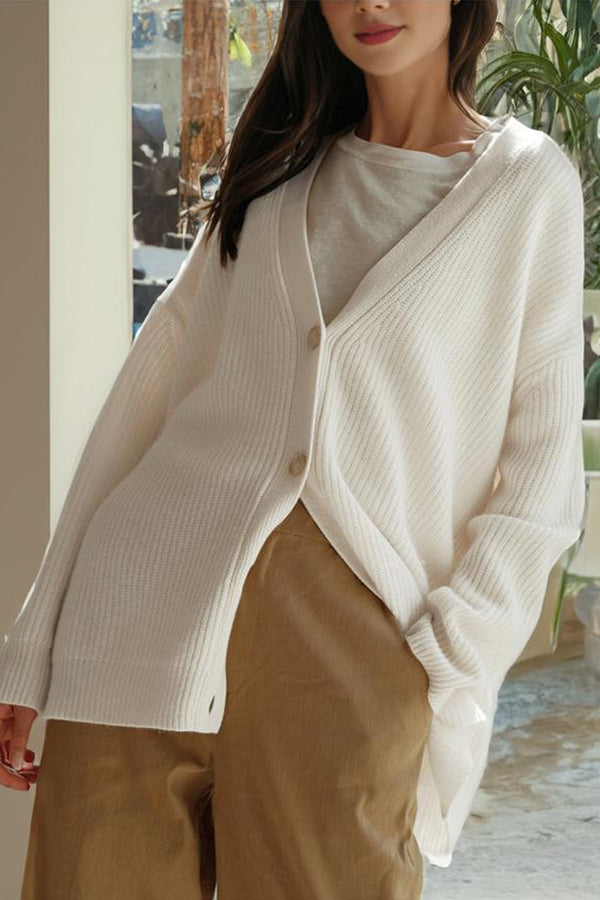 Cardigan Femme Ample en Maille à Col V, Manches Longues Rayées et Bouton Effet Ambre