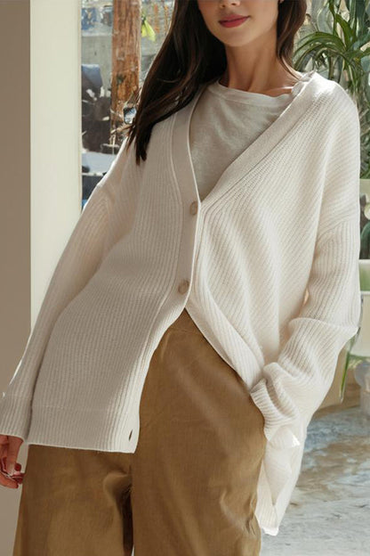 Cardigan Femme Ample en Maille à Col V, Manches Longues Rayées et Bouton Effet Ambre