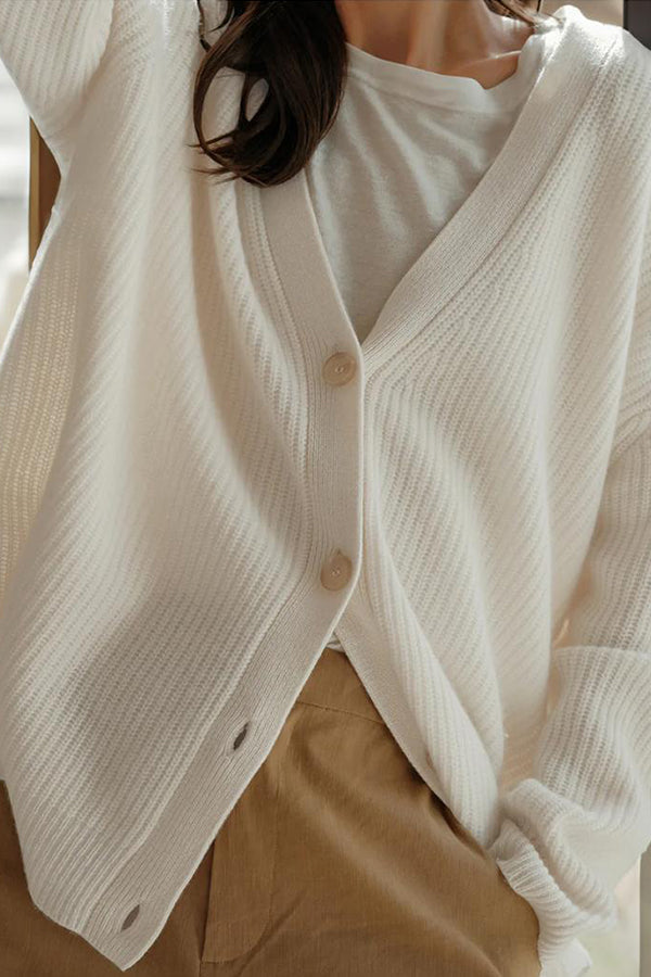 Cardigan Femme Ample en Maille à Col V, Manches Longues Rayées et Bouton Effet Ambre