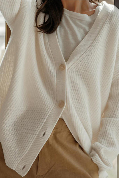 Cardigan Femme Ample en Maille à Col V, Manches Longues Rayées et Bouton Effet Ambre
