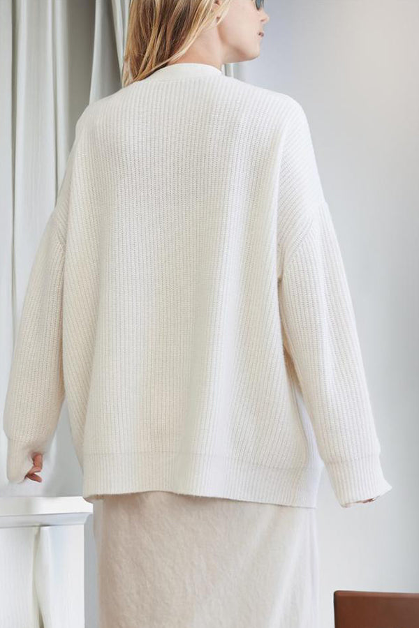 Cardigan Femme Ample en Maille à Col V, Manches Longues Rayées et Bouton Effet Ambre