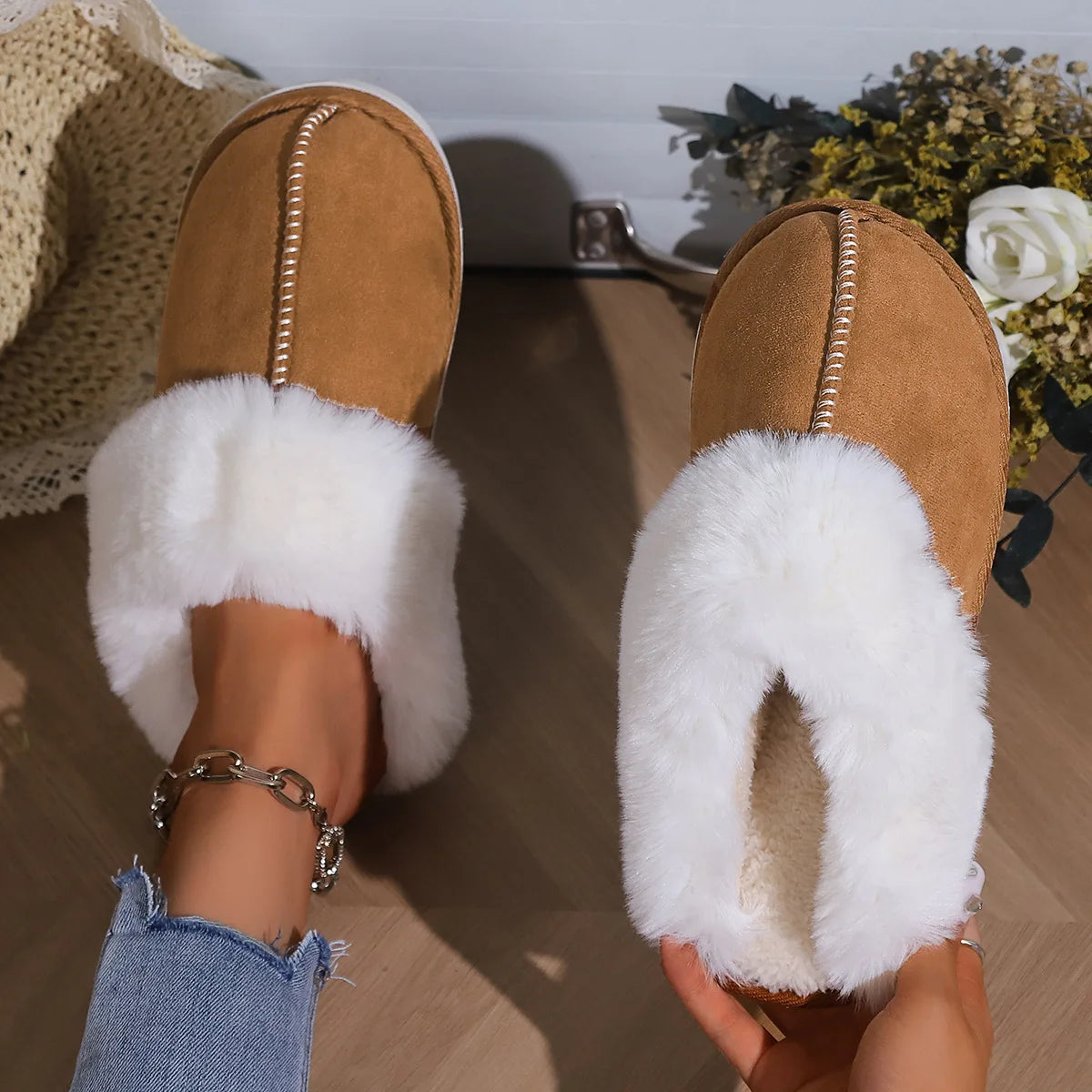 Chaussons Femme en Fausse Fourrure Douce avec Doublure en Coton