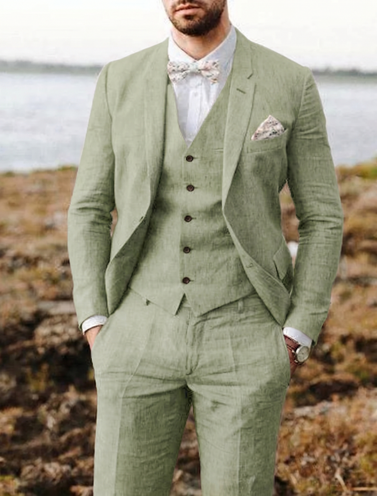 Costume 3 Pièces Coton Lin Homme