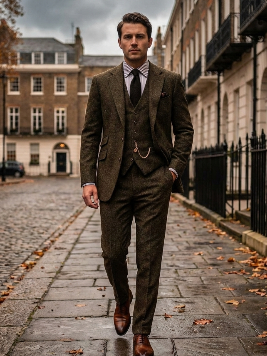 Costume 3 Pièces en Tweed Coupe Ajustée Homme