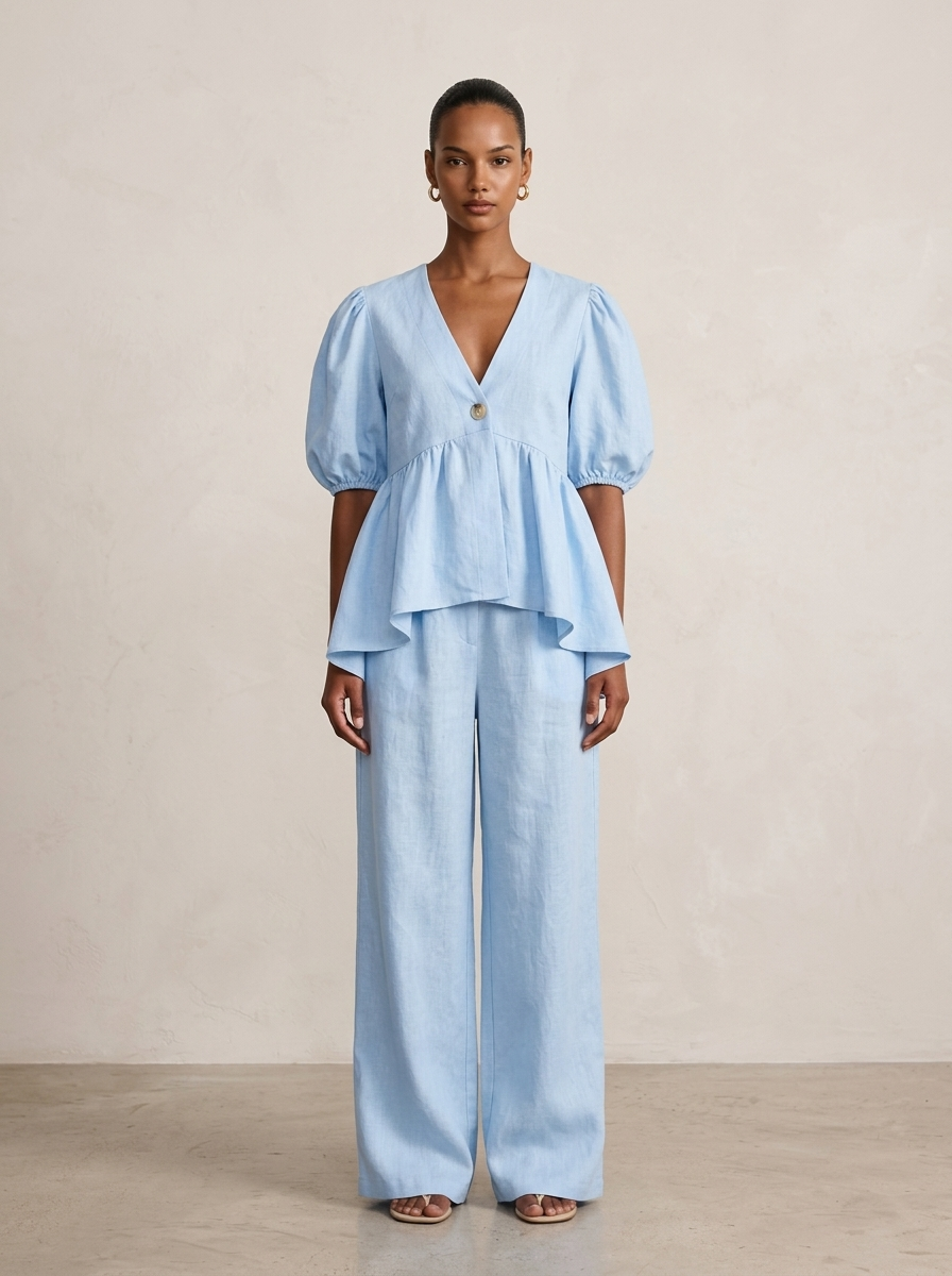 Ensemble Femme Deux Pièces en Coton et Lin à Manches Bouffantes Volantées