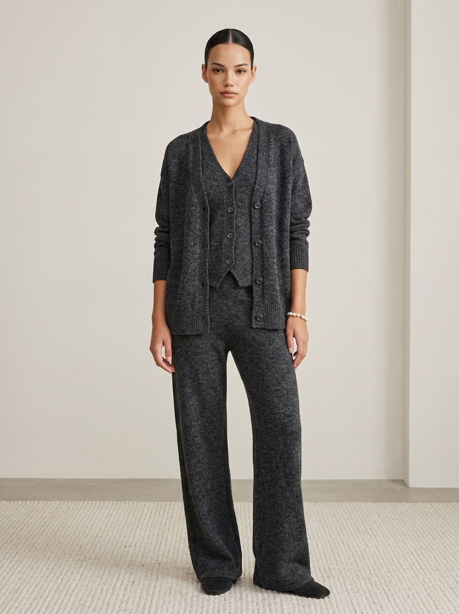 Ensemble Femme 3 Pièces en Maille à Coupe Droite et Design Fendu