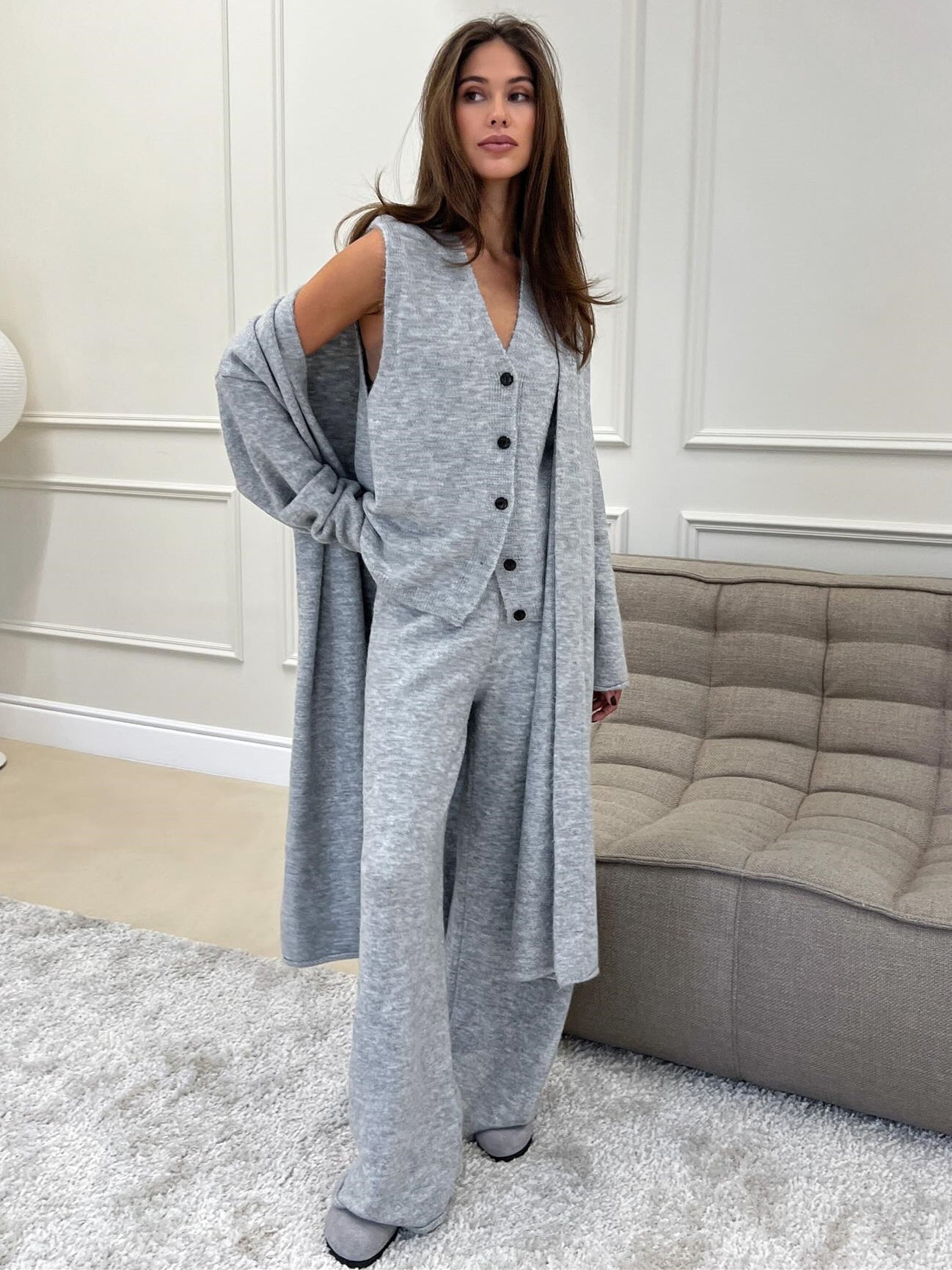 Ensemble Femme 3 Pièces en Maille à Coupe Droite et Design Fendu