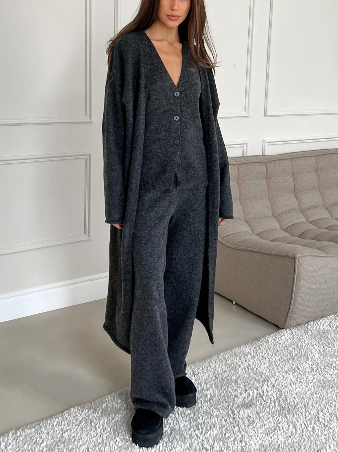 Ensemble Femme 3 Pièces en Maille à Coupe Droite et Design Fendu