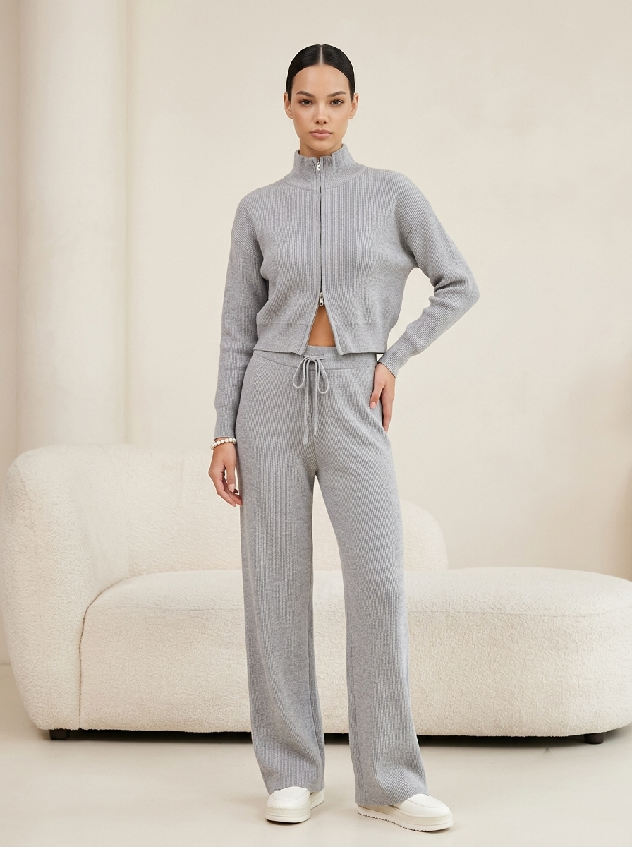 Ensemble Femme Ajusté en Maille à Double Fermeture Zippée