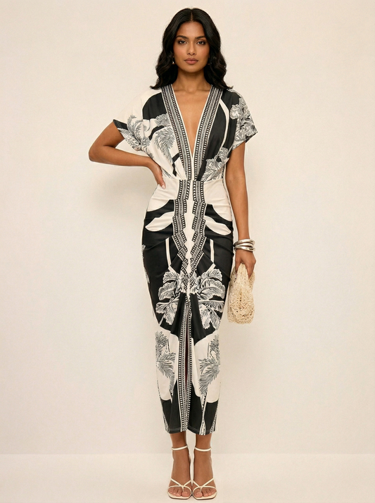 Ruœgy Robe Midi Imprimée à Col En V Femme