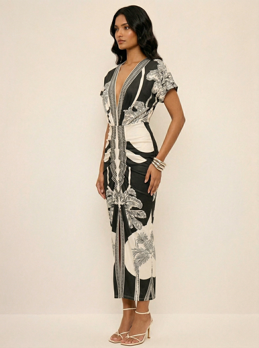 Ruœgy Robe Midi Imprimée à Col En V Femme