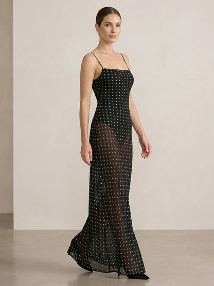 Ruœgy Robe Maxi Transparente Dos Nu à Pois Femme