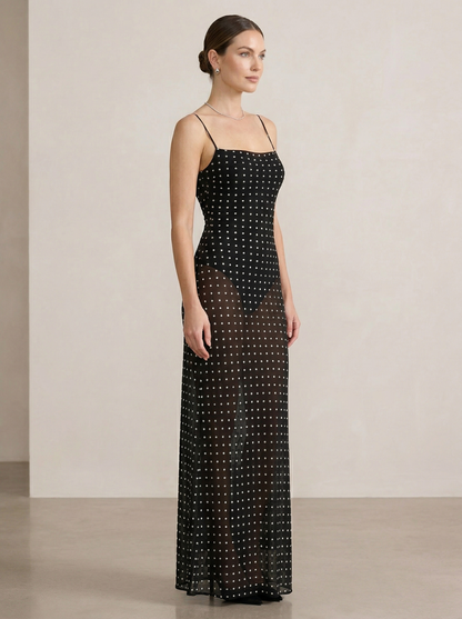 Ruœgy Robe Maxi Transparente Dos Nu à Pois Femme