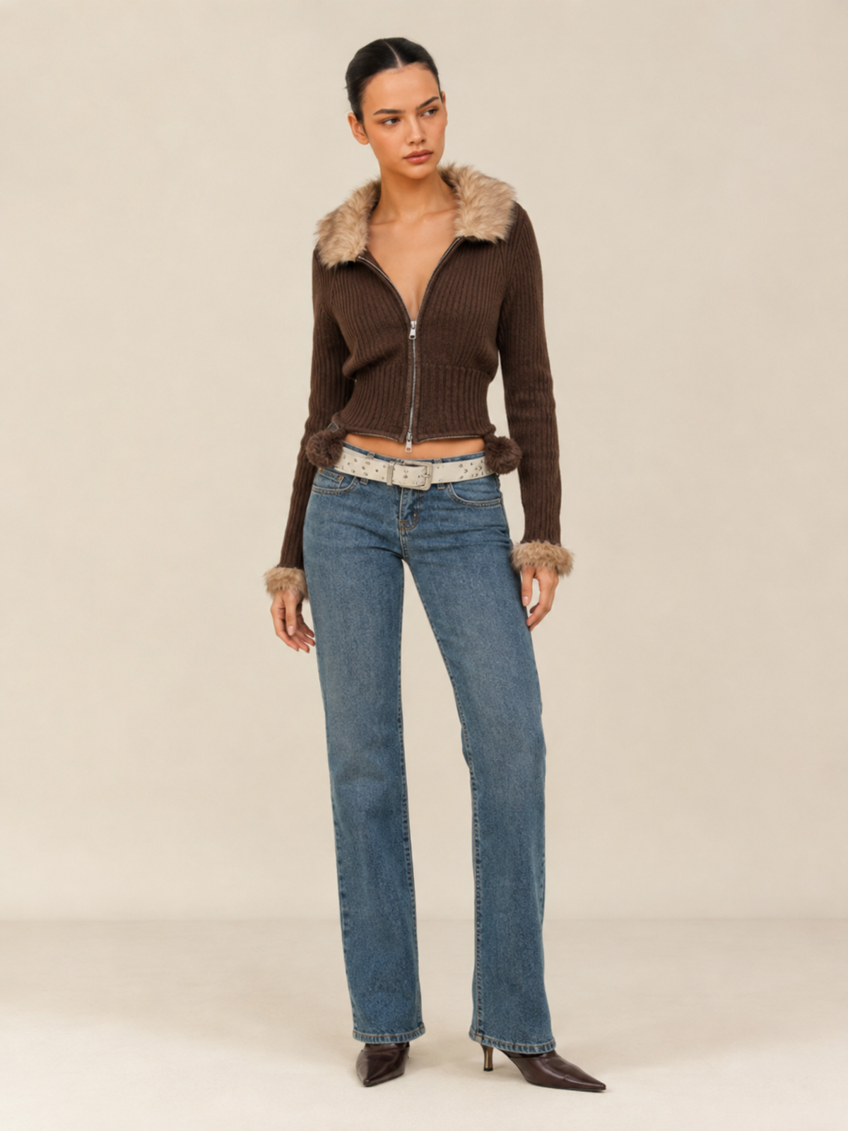 Gilet Court Zippé à Col Fourrure Femme