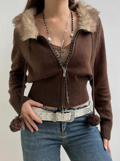 Gilet Court Zippé à Col Fourrure Femme