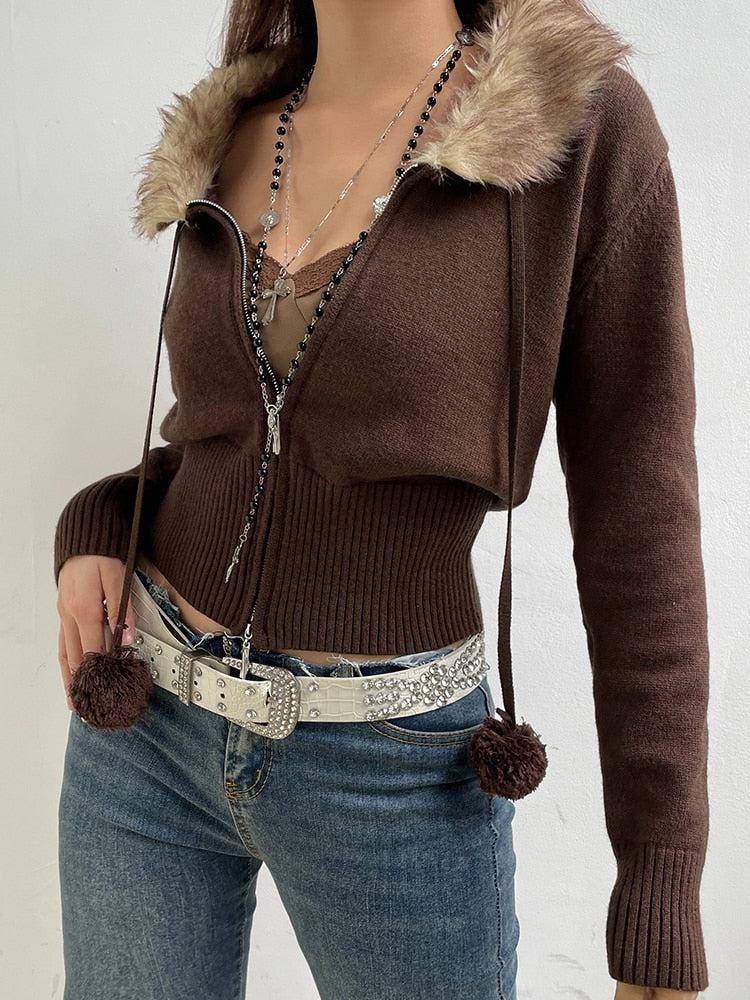 Gilet Court Zippé à Col Fourrure Femme