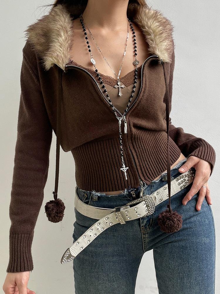 Gilet Court Zippé à Col Fourrure Femme