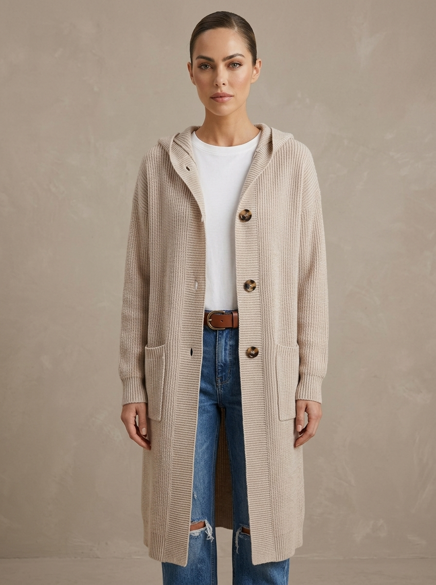 Gilet Long Femme en Maille à Boutons et Poches Profondes