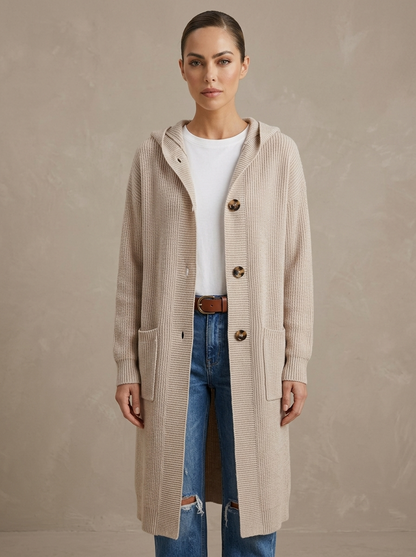 Gilet Long Femme en Maille à Boutons et Poches Profondes