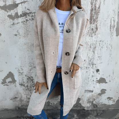Gilet Long Femme en Maille à Boutons et Poches Profondes