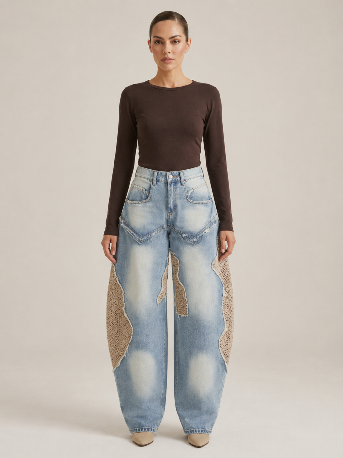 Jean Barrel Patchwork à Rivets Femme