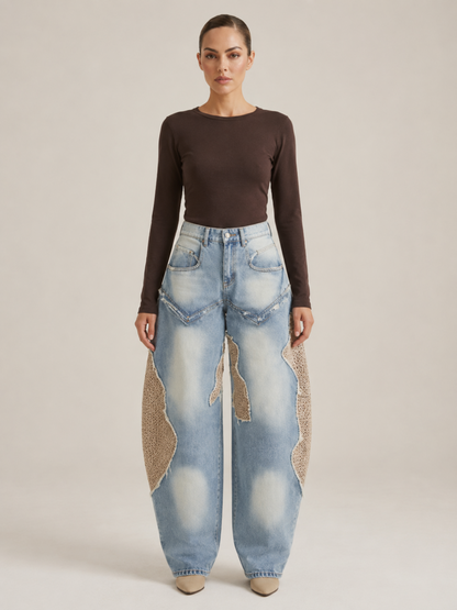 Jean Barrel Patchwork à Rivets Femme