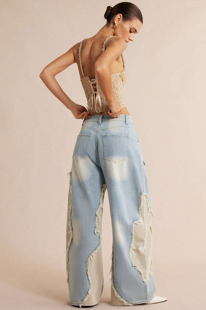 Jean Barrel Patchwork à Rivets Femme