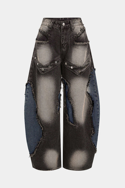 Jean Barrel Patchwork à Rivets Femme