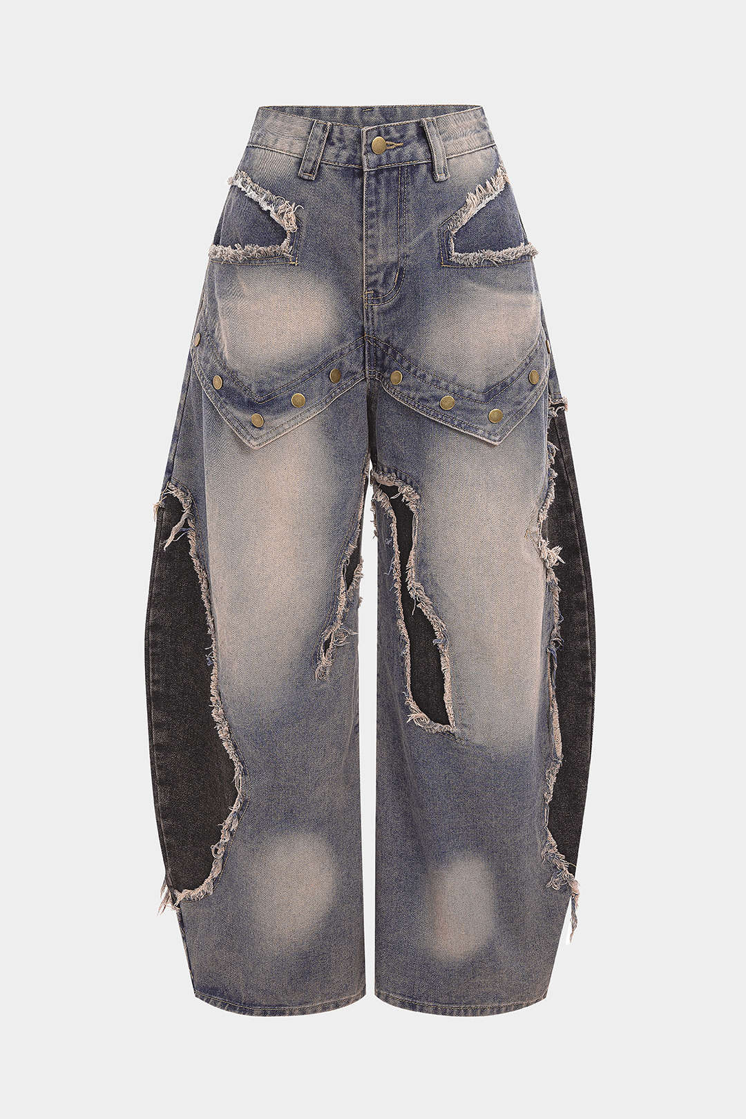 Jean Barrel Patchwork à Rivets Femme