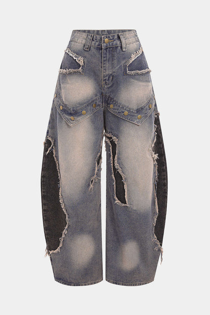Jean Barrel Patchwork à Rivets Femme