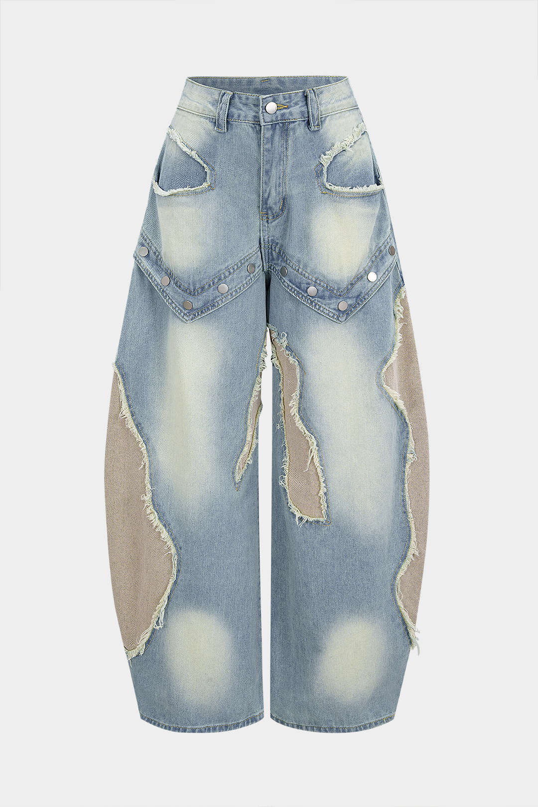 Jean Barrel Patchwork à Rivets Femme