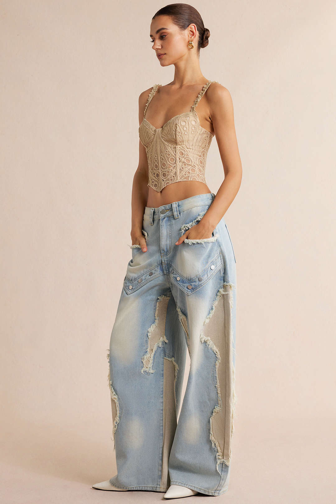 Jean Barrel Patchwork à Rivets Femme
