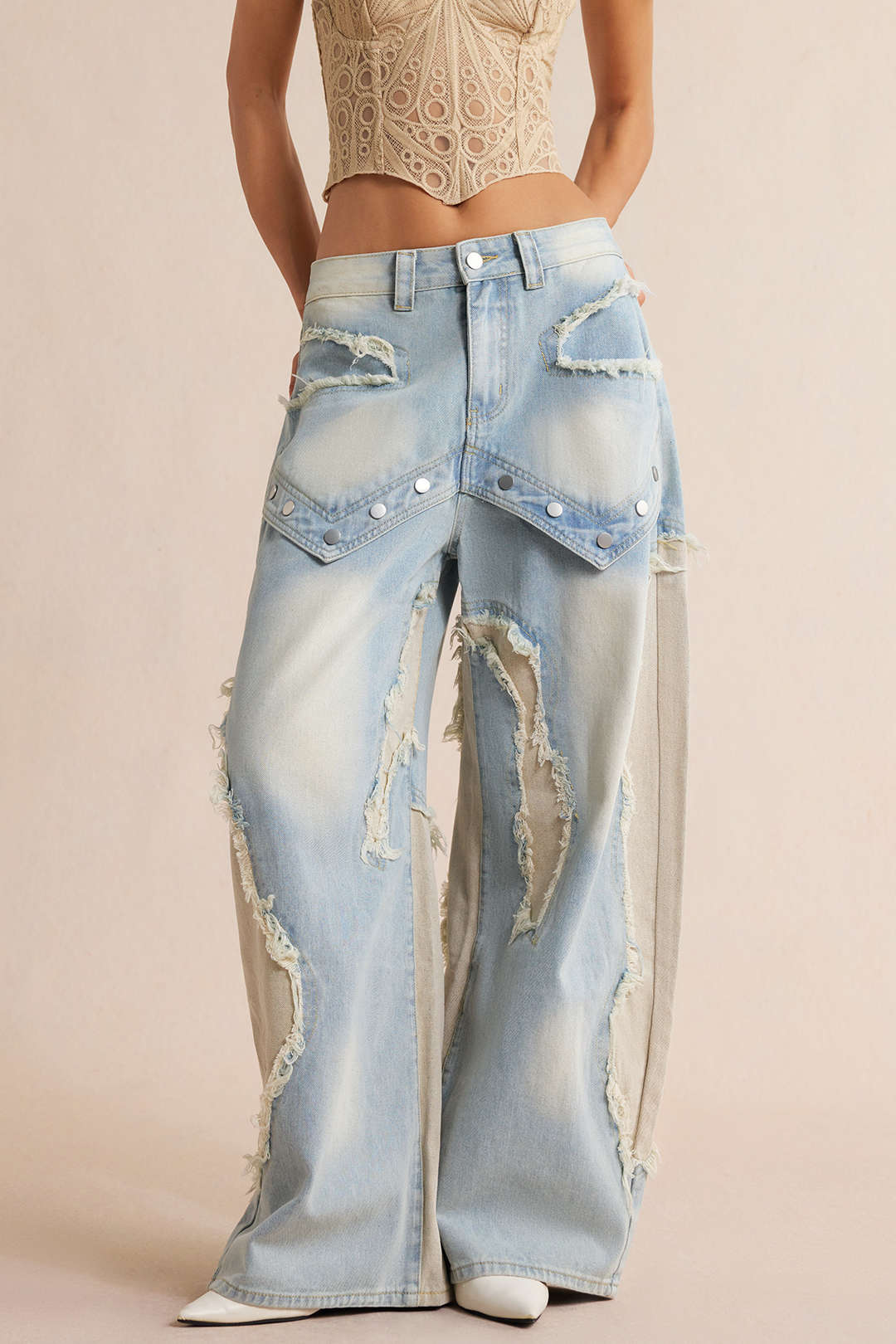 Jean Barrel Patchwork à Rivets Femme