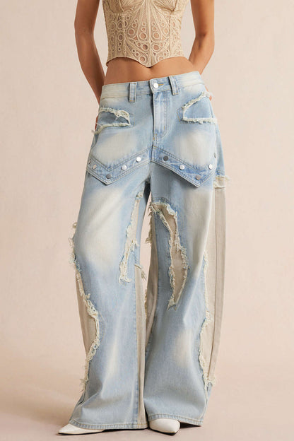 Jean Barrel Patchwork à Rivets Femme