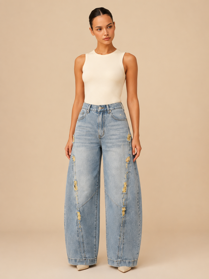 Jean Large à Détails Métalliques Femme